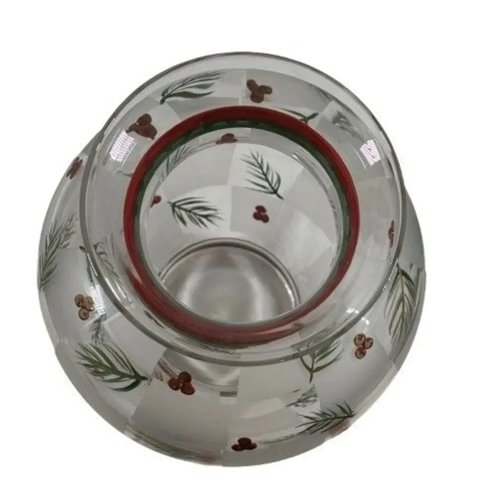LG Glass Holly Berry & Pinecones Vase Hand Painted VTG Winter Holiday Christmas